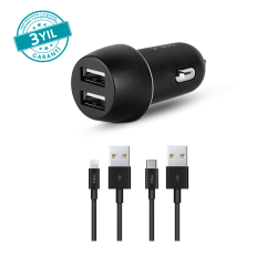 ttec SmartCharger Duo 3.1A Araç Şarj Aleti Çift USB  + Lightning ve USB-C Kablo Siyah