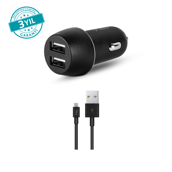 ttec SmartCharger Duo 3.1A Araç Şarj Aleti Çift USB  + Micro USB Kablo Siyah