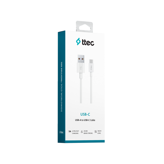 ttec USB-A - USB-C 2.0 5A Süper Hızlı Şarj Kablosu, Huawei SuperCharge uyumlu Beyaz