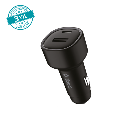 ttec SmartCharger Duo PD 48W Araç Hızlı Şarj Aleti USB-C+USB-A Siyah