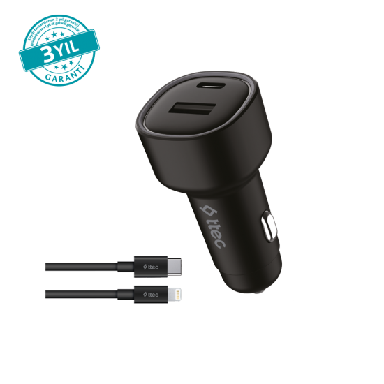 ttec SmartCharger Duo PD 48W Araç Hızlı Şarj Aleti USB-C+USB-A - USB-C-Lightning  Kablo Siyah