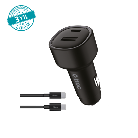 ttec SmartCharger Duo PD 48W Araç Hızlı Şarj Aleti USB-C+USB-A - USB-C-USB-C 3A Kablo Siyah