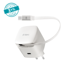 ttec SmartCharger Duo GAN 65W PD Seyahat Hızlı Şarj Aleti USB-C + Dahili PD 65W 70cm USB-C Şarj Kablosu