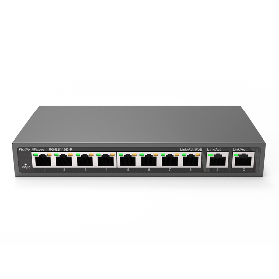 Reyee RG-ES110D-P 10 Portlu, 10/100 Fast Ethernet, Tak Çalıştır Switch, 2 Gigabit Uplink, 8 Port PoE+ (110W)