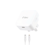 ttec SmartCharger 30W PD İngiltere (UK) Katlanır Seyahat Hızlı Şarj Aleti + USB-C - Lightning  150cm Kablo Beyaz