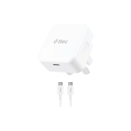 ttec SmartCharger PD 20W İngiltere (UK) Katlanır Seyahat Hızlı Şarj Aleti + USB-C - USB-C 60W Kablo Beyaz