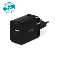 ttec SmartCharger Duo PD 45W Seyahat Hızlı Şarj Aleti USB-C+USB-A Siyah