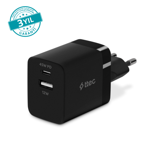 ttec SmartCharger Duo PD 45W Seyahat Hızlı Şarj Aleti USB-C+USB-A Siyah