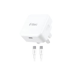 ttec SmartCharger 30W PD İngiltere (UK) Katlanır Seyahat Hızlı Şarj Aleti + USB-C - USB-C 60W Kablo Beyaz