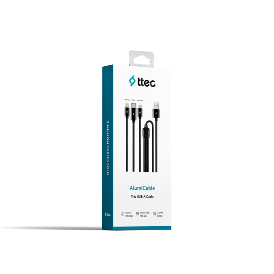 ttec AlumiCable Trio Şarj Kablosu 1mt. USB-A - USB-C / Lightning / Micro USB Siyah