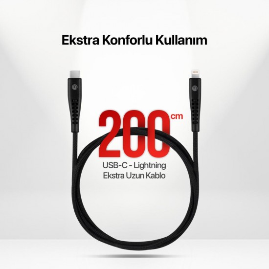 mojue Ekstra Dayanıklı USB-C - Lightning 3A Şarj Kablosu 200cm Siyah