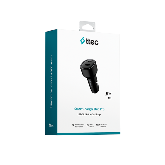 ttec SmartCharger Duo PD 83W Araç Hızlı Şarj Aleti USB-C+USB-A Siyah