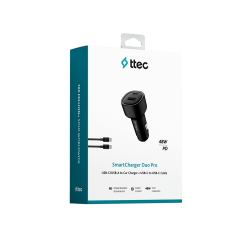 ttec SmartCharger Duo PD 48W Araç Hızlı Şarj Aleti USB-C+USB-A - USB-C-USB-C 3A Kablo Siyah