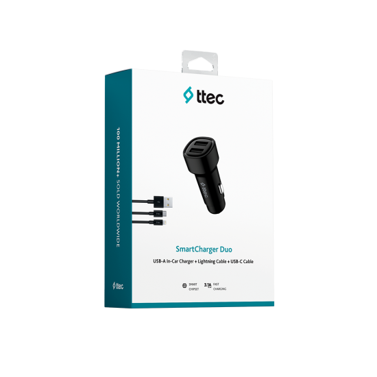 ttec SmartCharger Duo 3.1A Araç Şarj Aleti Çift USB  + USB-C ve Lightning Kablo