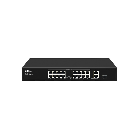 ttec 19300PG-1SFP 16 Portlu, 10/100 Fast Ethernet, Tak Çalıştır Switch, 2 Gigabit Uplink, 1 SFP, 16 Port PoE+ (300W) (TSS)
