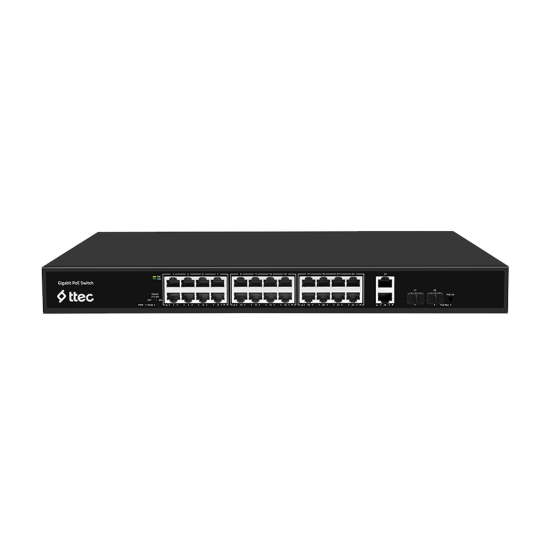 ttec 28400PG-2SFP 24 Portlu, 10/100/1000 Gigabit, Tak Çalıştır Switch, 2 Gigabit Uplink, 2 SFP, 24 Port PoE+ (400W) (TSS)
