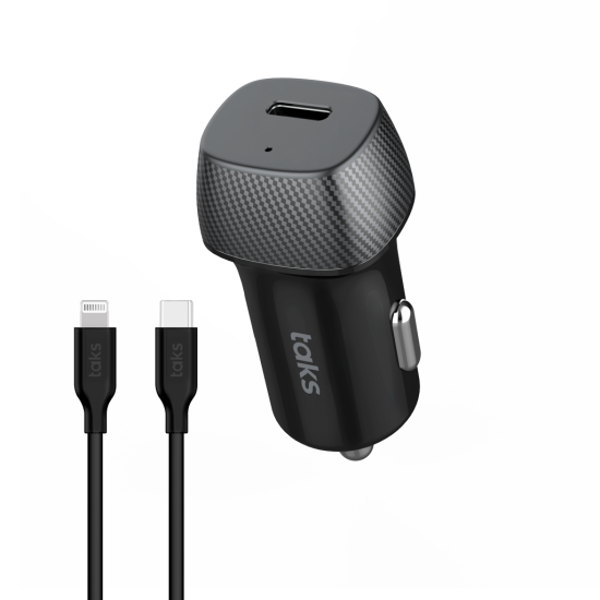 taks CP01 30W PD USB-C Araç Hızlı Şarj Aleti + USB-C-Lightning  Kablo, Siyah