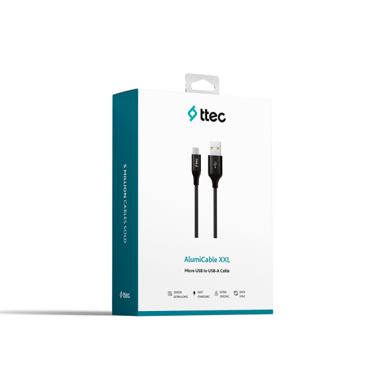 ttec AlumiCable XXL USB-A - Micro USB Şarj Kablosu 3mt. Siyah