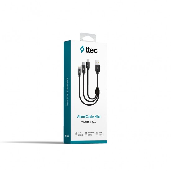 ttec Alumicable Mini Trio 30cm Şarj Kablosu USB-A - USB-C / Lightning / Micro USB Siyah