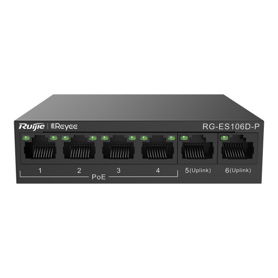 Reyee RG-ES106D-P 6 Portlu, 10/100 Fast Ethernet, Tak Çalıştır Switch, 2 Fast Ethernet Uplink, 4 Port PoE+ (58W)