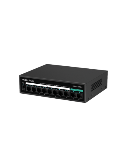 Reyee RG-ES110FG-P 10 Portlu, 10/100 Fast Ethernet, Tak Çalıştır Switch, 2 Gigabit Uplink, 8 Port PoE+ (110W)