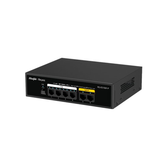 Reyee RG-ES106F-P 6 Portlu, 10/100 Fast Ethernet, Tak Çalıştır Switch, 2 Fast Ethernet Uplink, 4 Port PoE+ (54W)