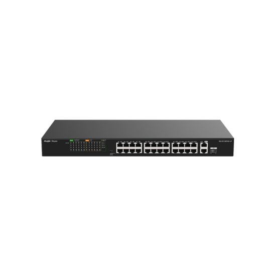 Reyee RG-ES126FGS-LP 26 Portlu, 10/100 Fast Ethernet, Tak Çalıştır Switch, 2 Gigabit Uplink, 1 Gigabit Combo, 24 Port PoE+ (180W)