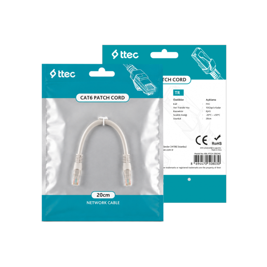ttec KBL-PTCH-20CMG  - CAT6 Patch Kablo 20cm Gri (TSS)