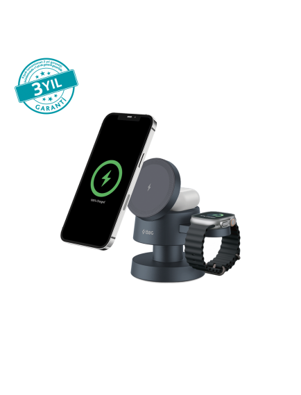 ttec AirCharger Quattro Mini MagSafe Uyumlu 4’ü 1 Arada iPhone + Apple Watch + AirPods LED Aydınlatmalı Kablosuz Katlanabilir Şarj Standı - 2KS36S
