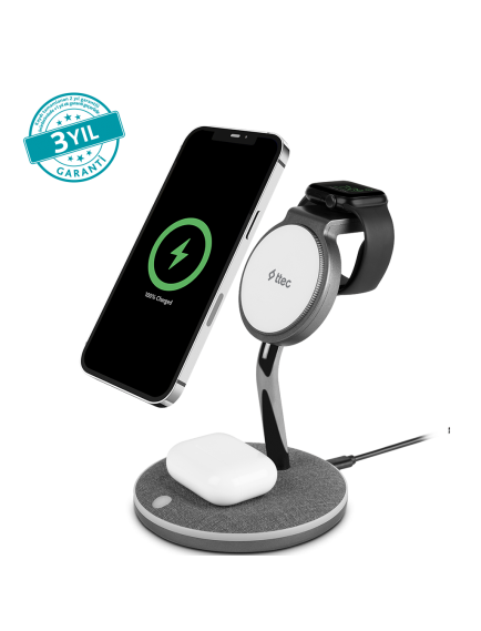 ttec AirCharger Trio M MagSafe Uyumlu 3’ü 1 Arada iPhone + Apple Watch + AirPods Kablosuz Şarj Standı