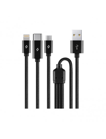 ttec AlumiCable Trio Şarj Kablosu 1mt. USB-A - USB-C / Lightning / Micro USB Siyah