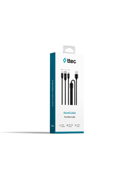 ttec AlumiCable Trio Şarj Kablosu 1mt. USB-A - USB-C / Lightning / Micro USB Siyah
