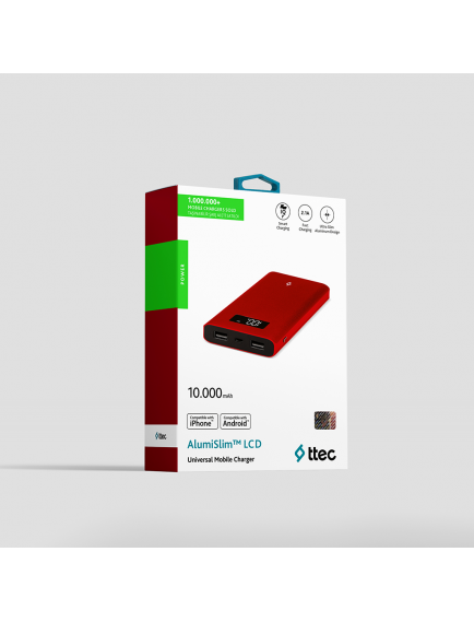 ttec AlumiSlim LCD 10.000mAh Taşınabilir Şarj Aleti / Powerbank Kırmızı
