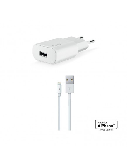 ttec Quantum Apple MFi Lisanslı 1A Seyahat Şarj Aleti  + Lightning Kablo Beyaz