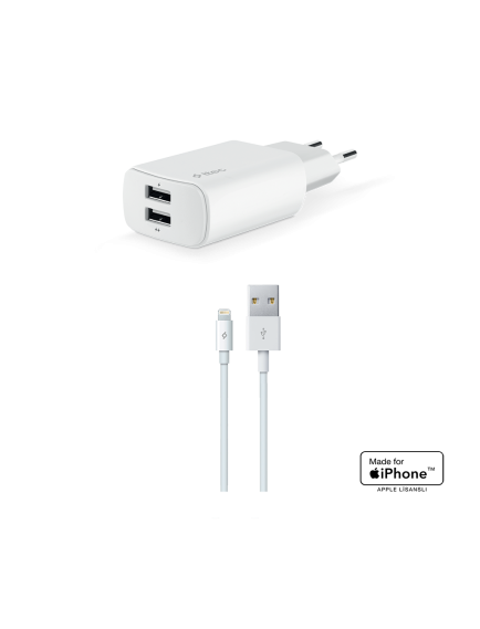 ttec Quantum Duo Apple MFi Lisanslı 1A+2.4A Seyahat Şarj Aleti  + Lightning Kablo Beyaz