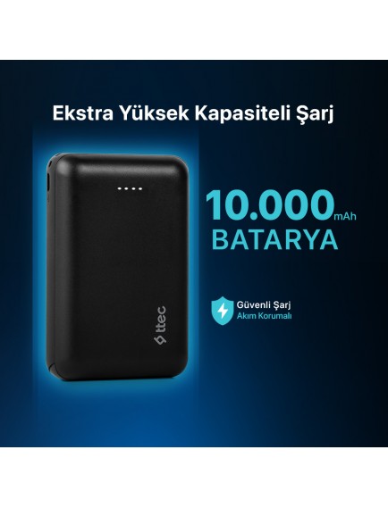 ttec ReCharger Duo 10.000 mAh Taşınabilir Şarj Aleti / Powerbank USB-C Giriş/Çıkış Siyah