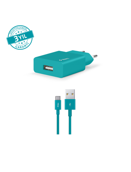 ttec SmartCharger 2.1A Seyahat Şarj Aleti + USB-A - USB-C Kablo Turkuaz
