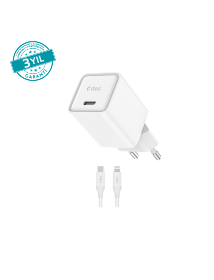 ttec SmartCharger 20W PD GAN Seyahat Hızlı Şarj Aleti + USB-C - Lightning 150cm Kablo
