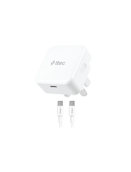 ttec SmartCharger 30W PD İngiltere (UK) Katlanır Seyahat Hızlı Şarj Aleti + USB-C - USB-C 60W Kablo Beyaz