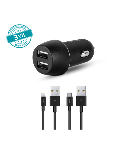 ttec SmartCharger Duo 3.1A Araç Şarj Aleti Çift USB  + Lightning ve USB-C Kablo Siyah