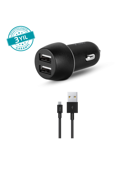ttec SmartCharger Duo 3.1A Araç Şarj Aleti Çift USB  + Micro USB Kablo Siyah