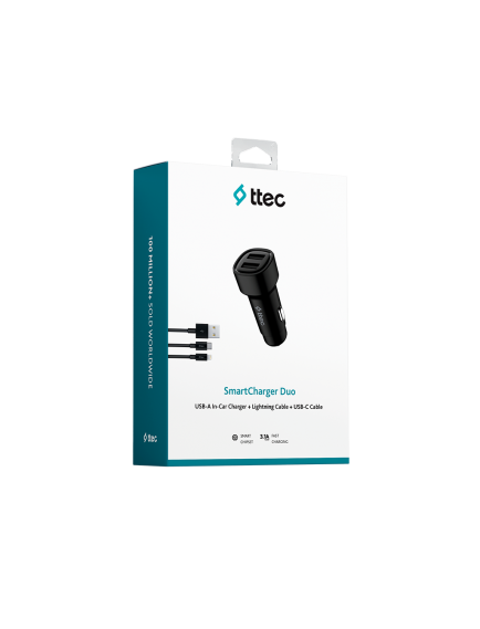 ttec SmartCharger Duo 3.1A Araç Şarj Aleti Çift USB  + USB-C ve Lightning Kablo