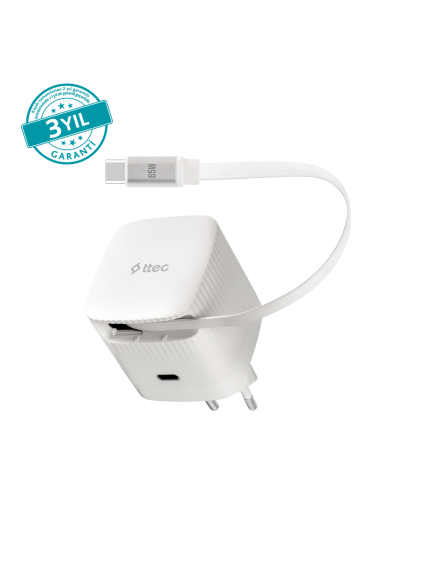 ttec SmartCharger Duo GAN 65W PD Seyahat Hızlı Şarj Aleti USB-C + Dahili PD 65W 70cm USB-C Şarj Kablosu