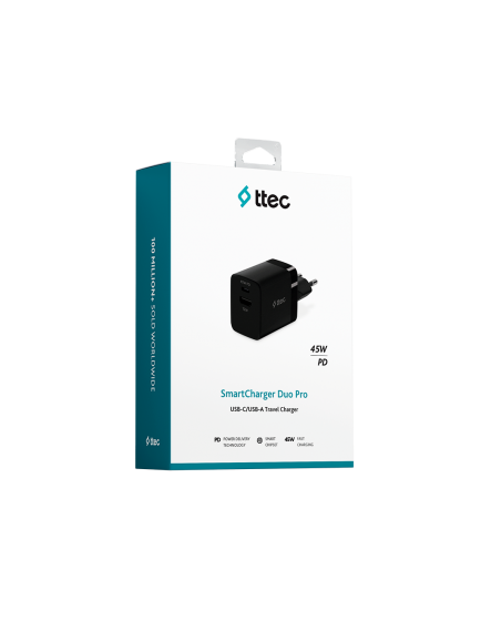 ttec SmartCharger Duo PD 45W Seyahat Hızlı Şarj Aleti USB-C+USB-A Siyah