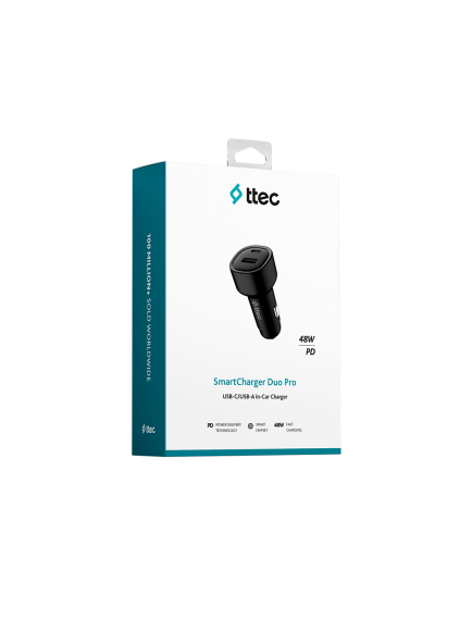 ttec SmartCharger Duo PD 48W Araç Hızlı Şarj Aleti USB-C+USB-A Siyah