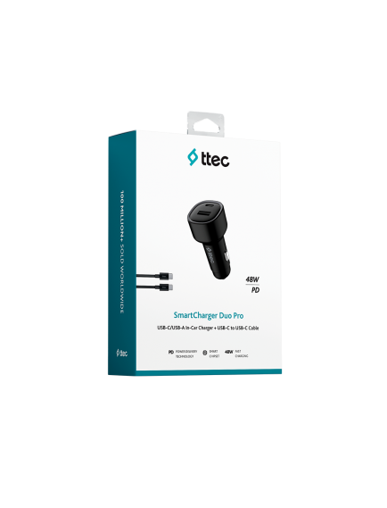 ttec SmartCharger Duo PD 48W Araç Hızlı Şarj Aleti USB-C+USB-A - USB-C-USB-C 3A Kablo Siyah