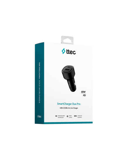 ttec SmartCharger Duo PD 83W Araç Hızlı Şarj Aleti USB-C+USB-A Siyah