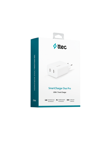 ttec SmartCharger Duo Pro GaN 50W PD Seyahat Hızlı Şarj Aleti USB-C + USB-C Beyaz
