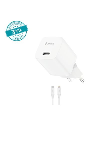 ttec SmartCharger GAN 20W PD Seyahat Hızlı Şarj Aleti + USB-C - Lightning 150cm Kablo Beyaz