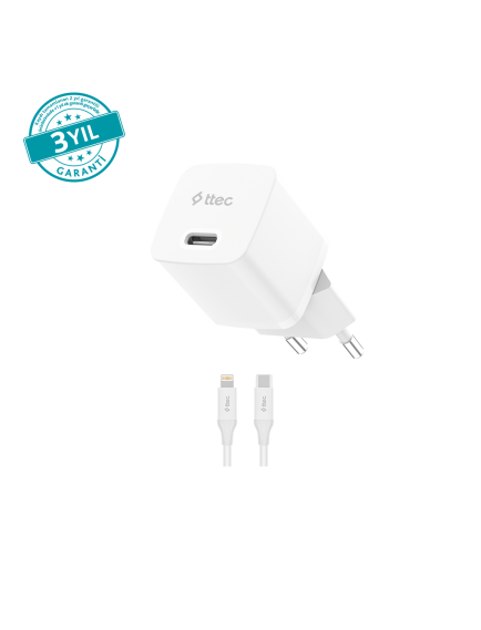 ttec SmartCharger GAN 20W PD Seyahat Hızlı Şarj Aleti + USB-C - Lightning 150cm Kablo. Beyaz